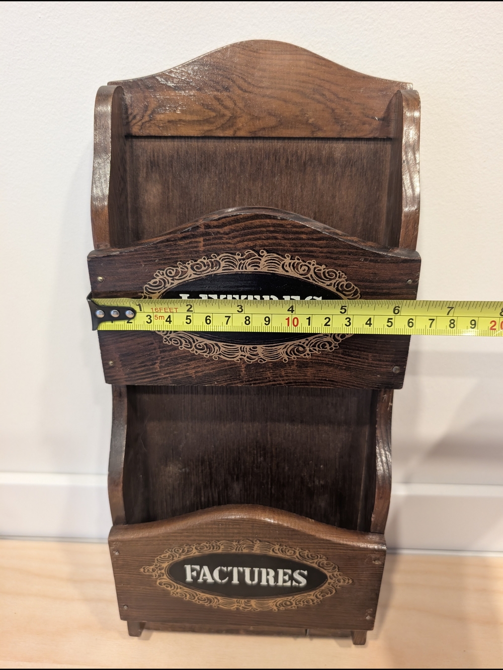 Vintage Style Dark Brown Wooden Wall Mail Organizer - 'Lettres' & 'Factures' - Picture 8 of 8